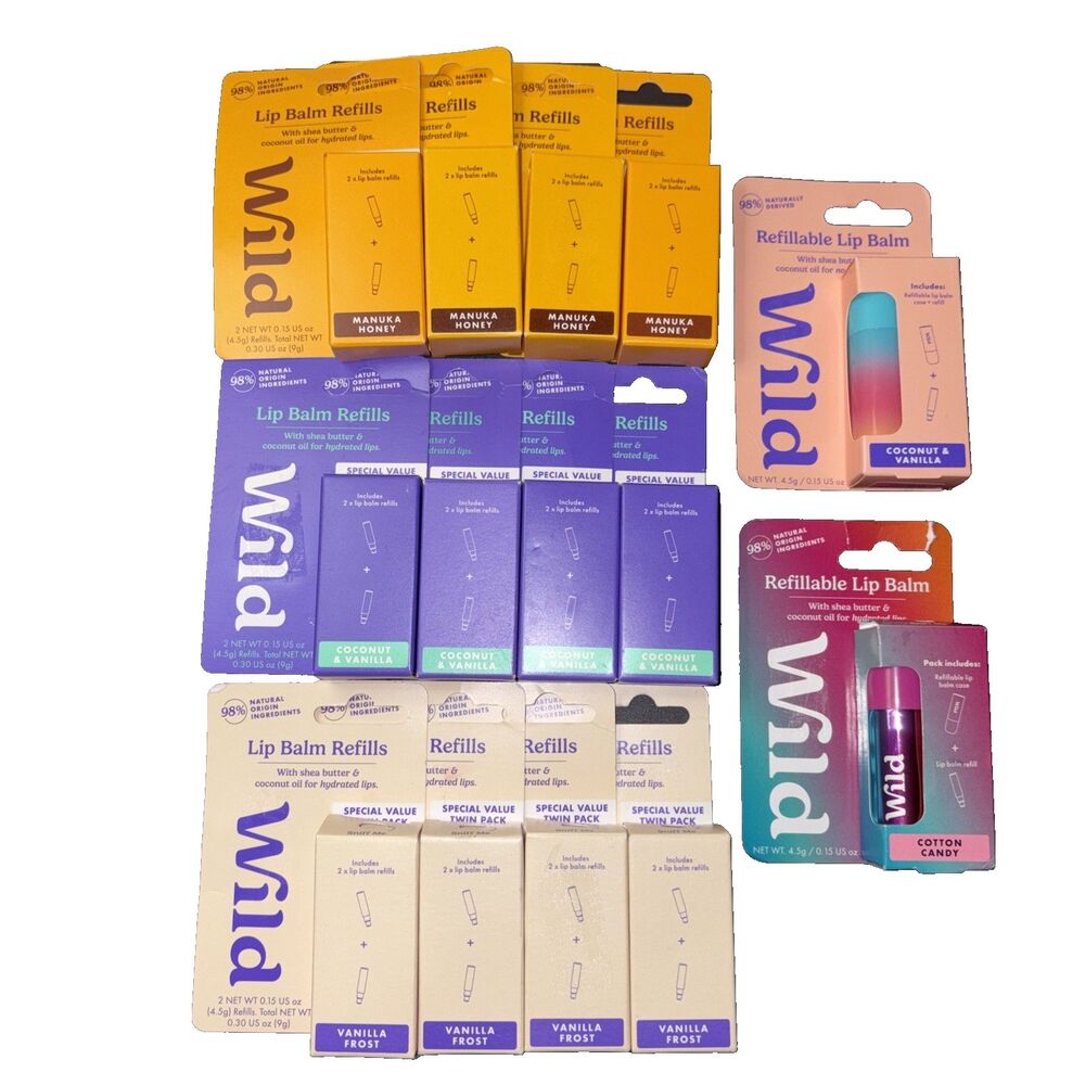 Wild Refillable Lip Balm Lot 14 Packs 26 Balms 2 Cases Mixed Flavors NEW